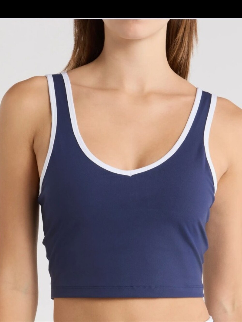 Yogalicious V-Neck Crop Lux Bra Tank Navy White Trim Size Small New
